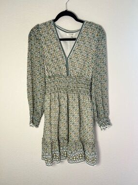 Max Studio Green Floral Smocked Waist Long Sleeve Dress